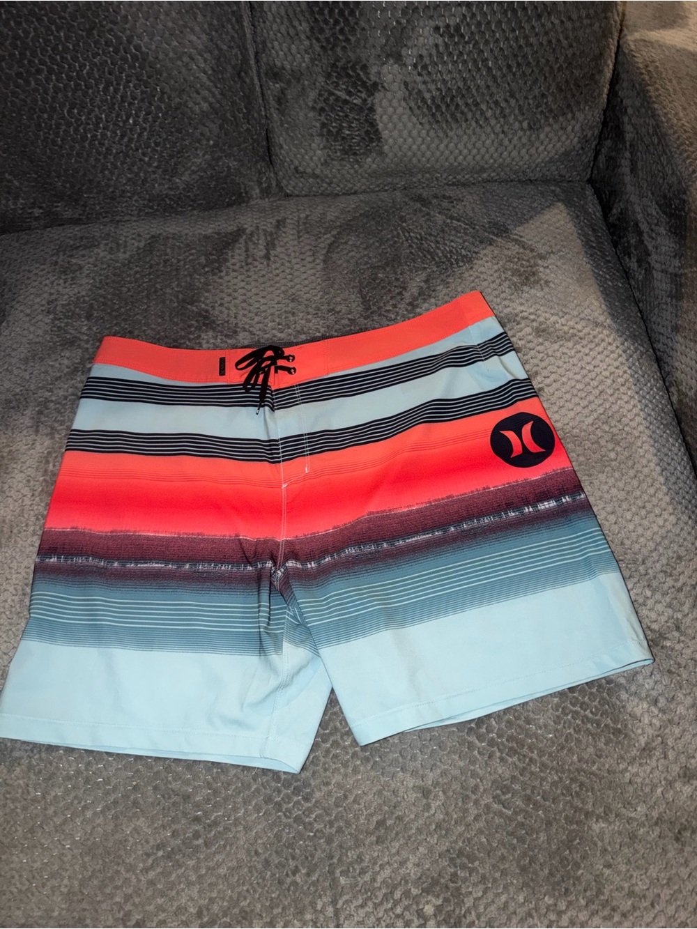 Hurley Men’s Coral Red & Light Blue Striped Board Shorts
